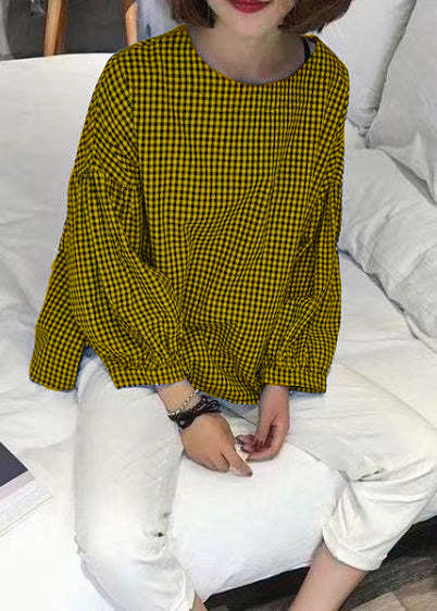 French  Yellow Plaid Cotton Women Fine Sewing Asymmetric Plus Size Clothing Blouse