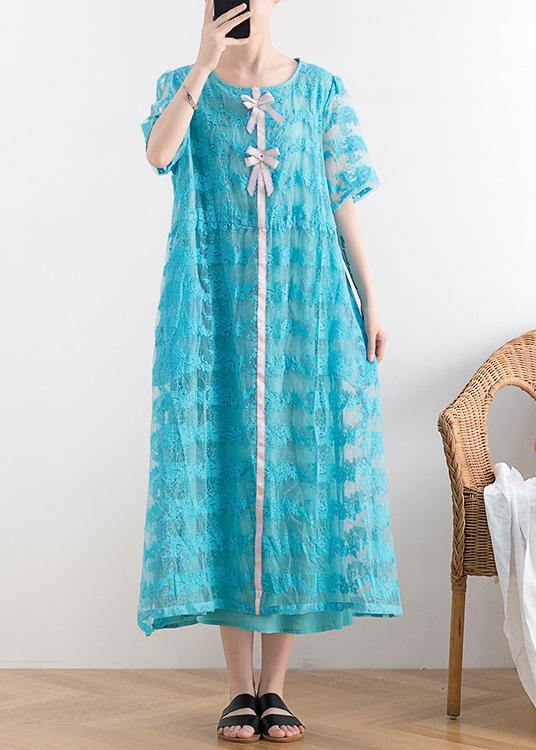 New blue lace embroidery organza heavy industry retro exquisite loose dress