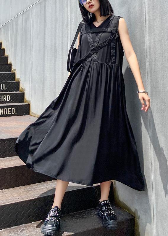 Handmade v neck sleeveless summer clothes For Women Sewing black Dress