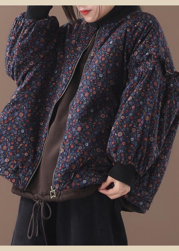 Fine blue floral coats for women Loose fitting winter jacket zippered outwear patchwork o neck