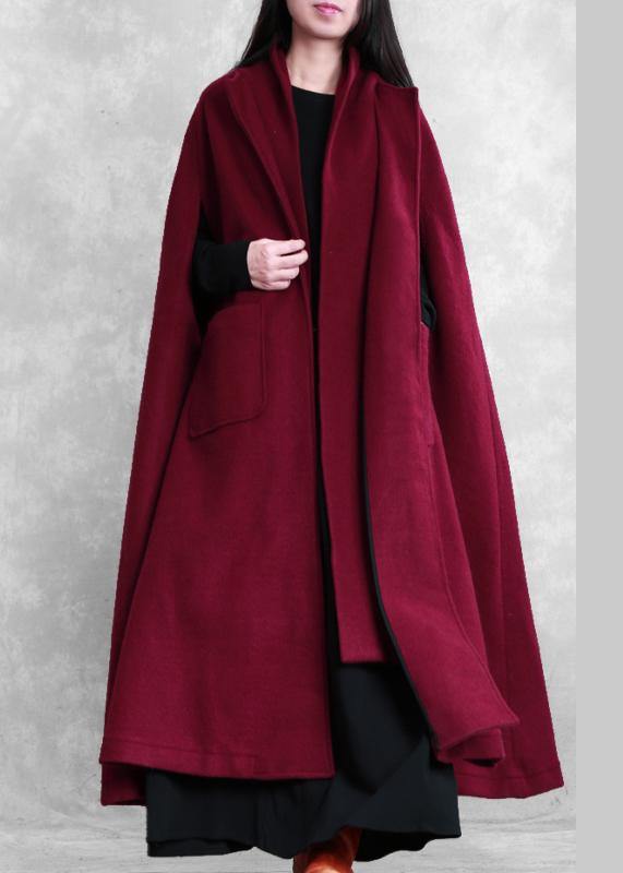 Fine burgundy Woolen Coat Women oversize Winter coat Batwing Sleeve large hem