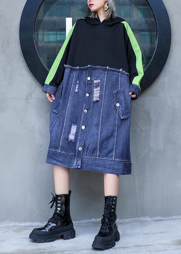 Style black patchwork denim blue outfit hooded Hole shift Dresses