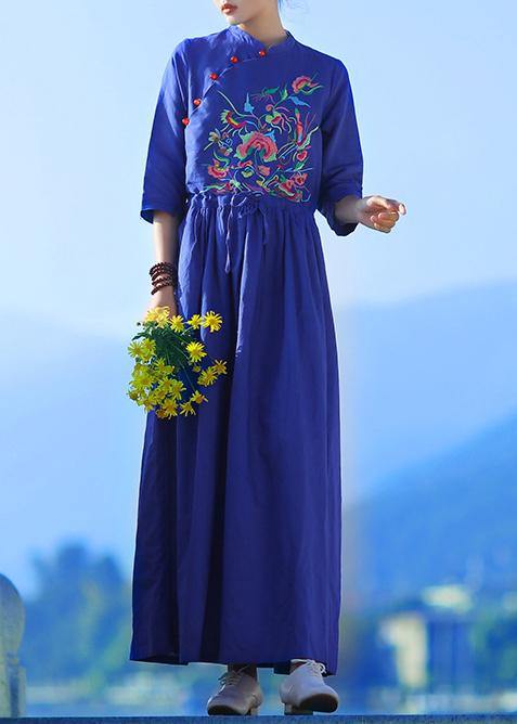 Classy v neck drawstring linen dress Shape blue embroidery Dresses summer