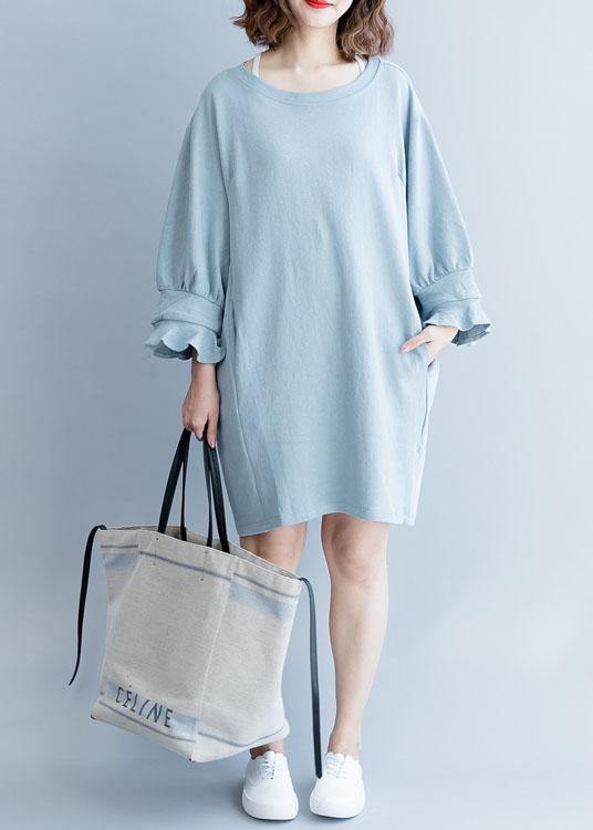 Women lantern sleeve Cotton dress Inspiration light blue Dress fall