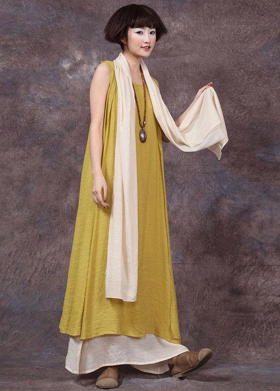 Loose sleeveless linen clothes For Women Sewing yellow Dresses summer