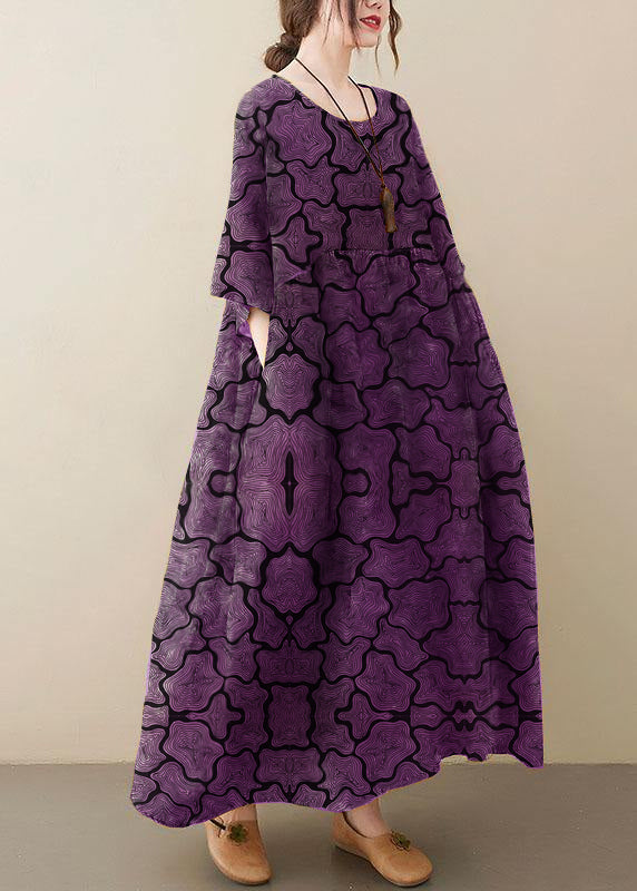 Natural  purple O-Neck Pockets Print Summer Sundress