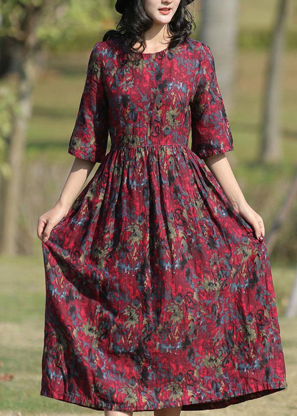 Classy burgundy prints linen Wardrobes o neck long summer Dress