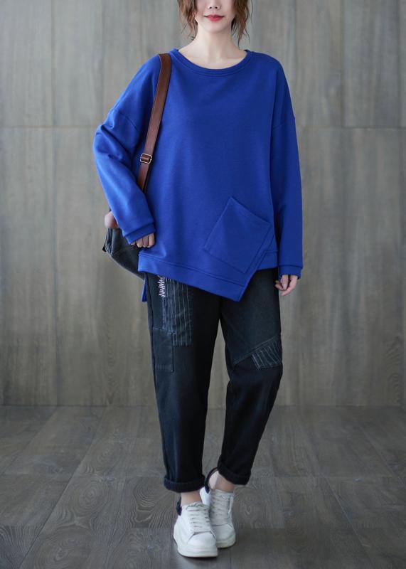 Style o neck asymmetric top Tunic Tops blue shirt