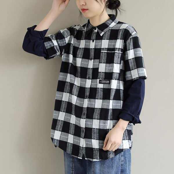 Unique Lapel False Two Pieces Crane Tops Design Black White Plaid Tops