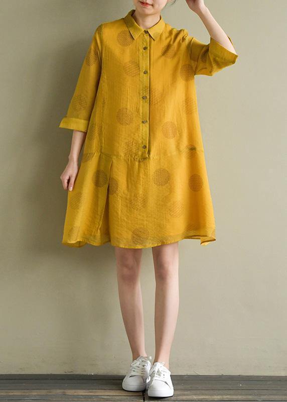 Women lapel half sleeve linen Robes Outfits yellow dotted Dress summer