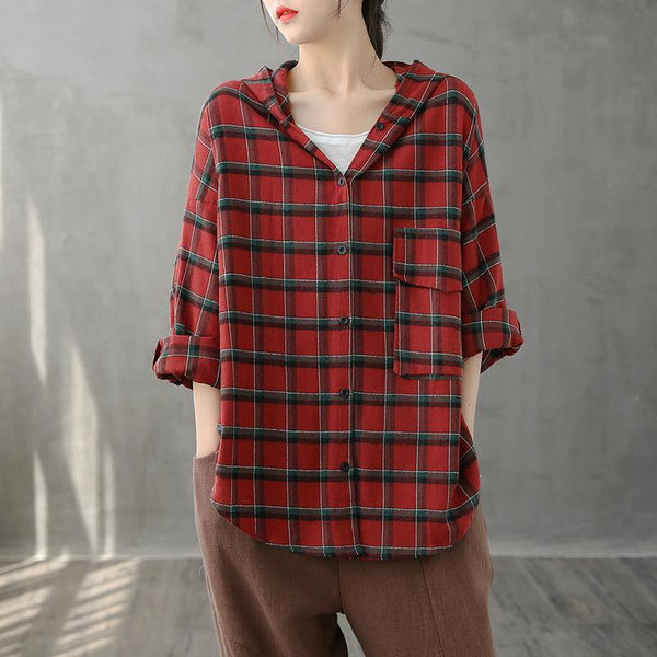 Modern lapel Button Down fall Tunic Christmas Gifts red plaid shirt