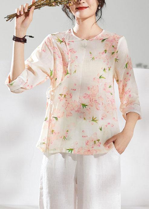 diy o neck half sleeve linen blouses for women Shirts pink print tops