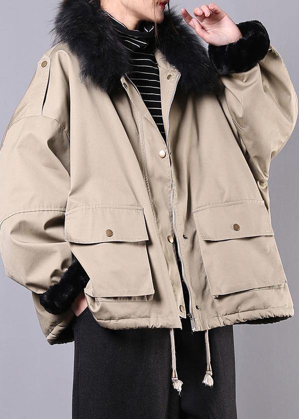 New Loose fitting snow jackets pockets winter coats khaki faux fur collar casual outfit