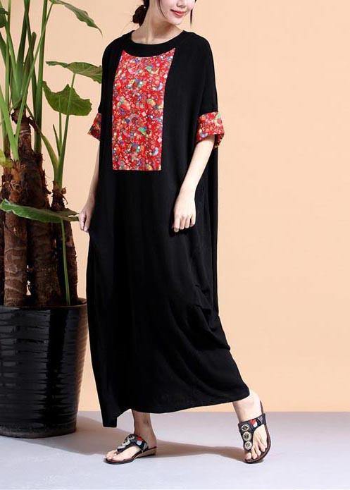 Loose Black Dresses O Neck Patchwork Cotton Robes Dress