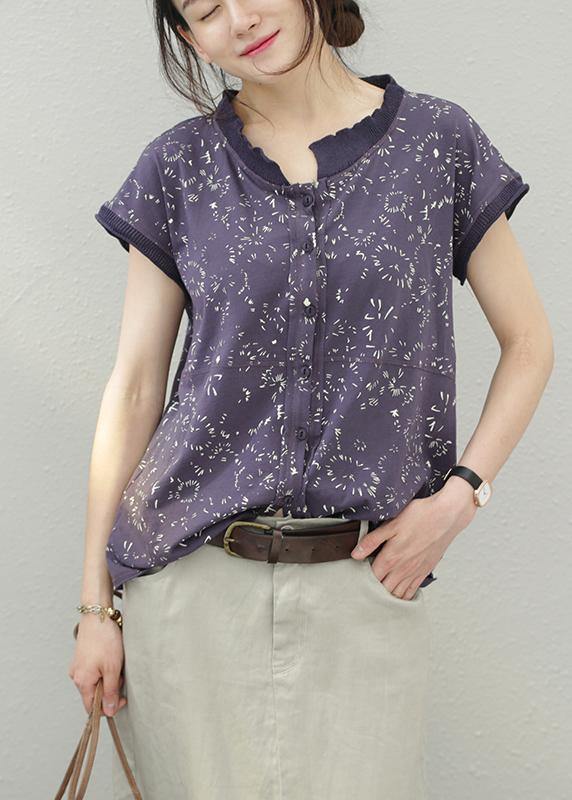 Women floral cotton tops stand collar silhouette summer shirt