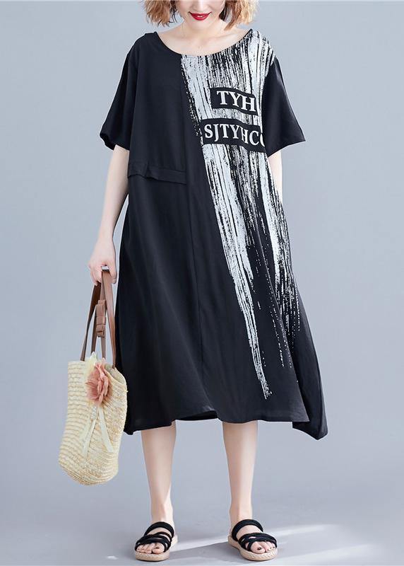 Handmade o neck pockets cotton dresses black print Maxi Dresses summer