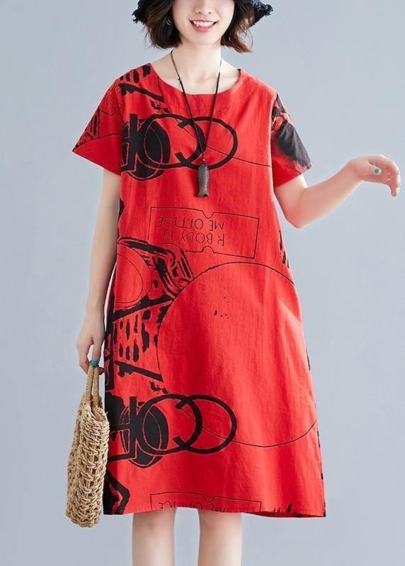 100% o neck short sleeve linen cotton clothes red print Dress summer