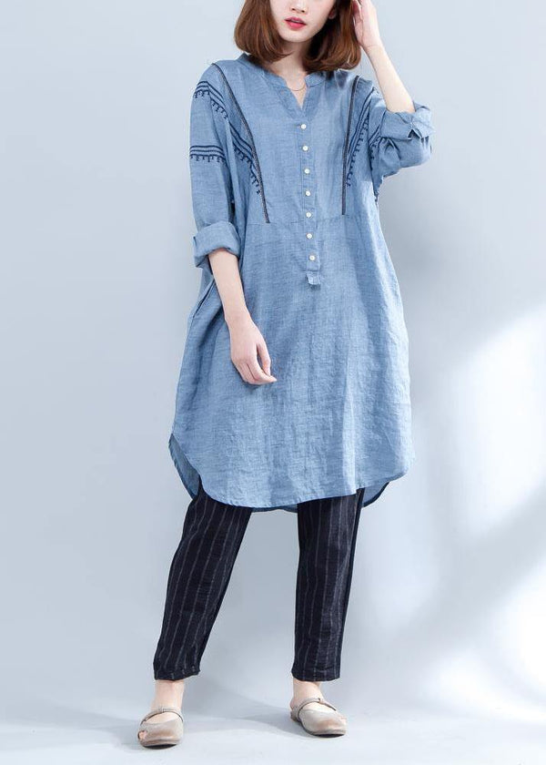 Handmade blue linen clothes embroidery Midi summer Dresses