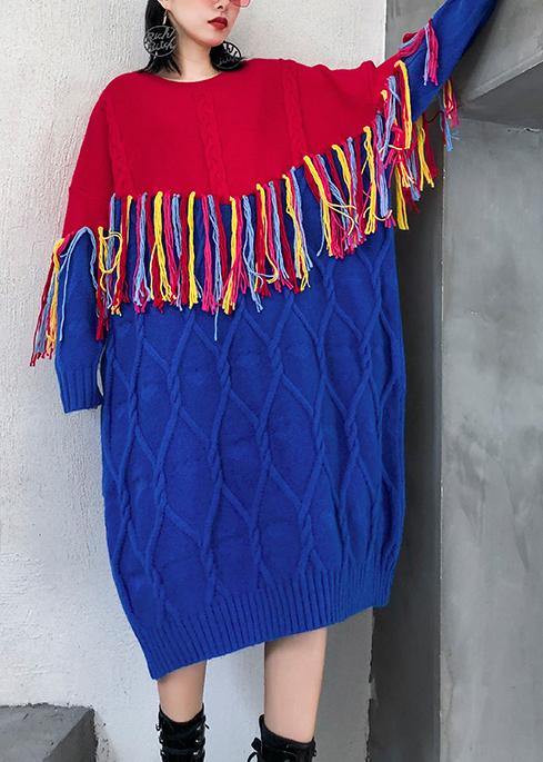 Winter o neck tassel Sweater weather Women blue patchwork red Mujer knitwear