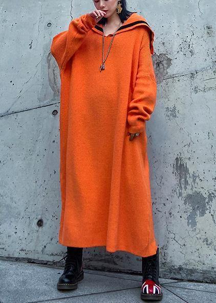 Women Orange Sweater Aesthetic Largo Sailor Collar Big Winter Knitted Tops