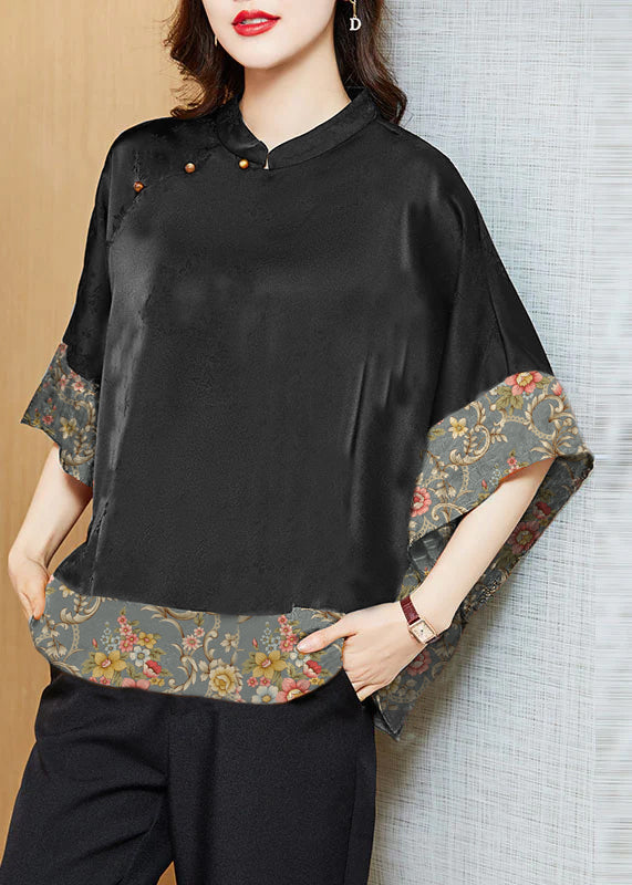 Vintage gray flower Mandarin Collar Asymmetrical Patchwork Jacquard Silk Shirts Batwing Sleeve