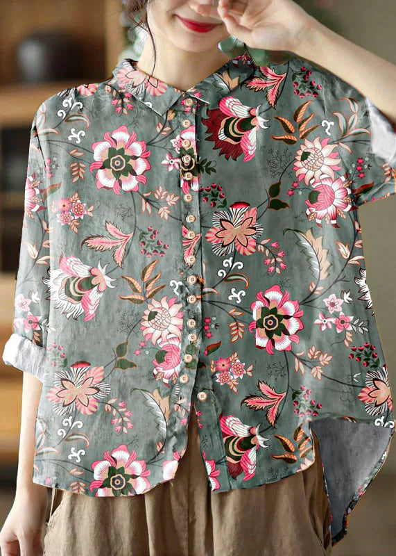 Simple Grey-flower Peter Pan Collar Print Button Cotton Blouse Tops Long Sleeve