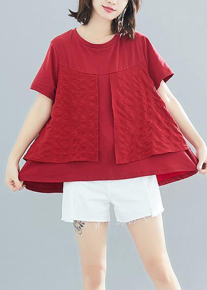 Italian burgundy cotton clothes For Women Fitted Sewing o neck patchwork Art Summer tops