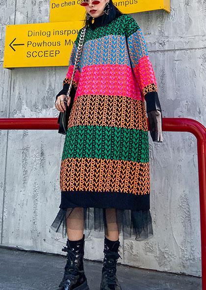 Knitted rainbow Sweater dress outfit Beautiful o neck spring sweater dress