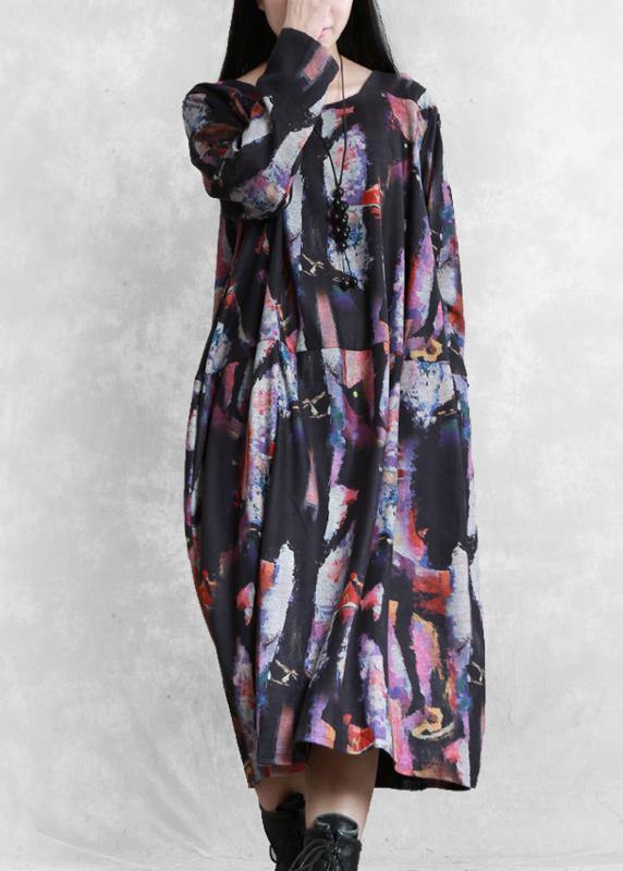 Modern print cotton dress o neck pockets Maxi Dresses