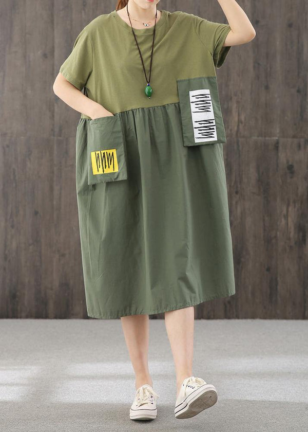 Natural blackish green dress o neck patchwork Dress