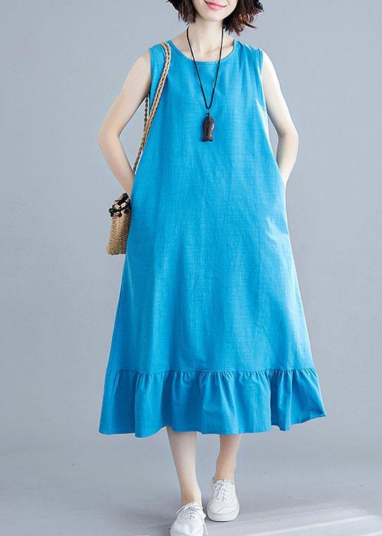 Elegant blue cotton clothes For Women o neck sleeveless A Line summer Dresses