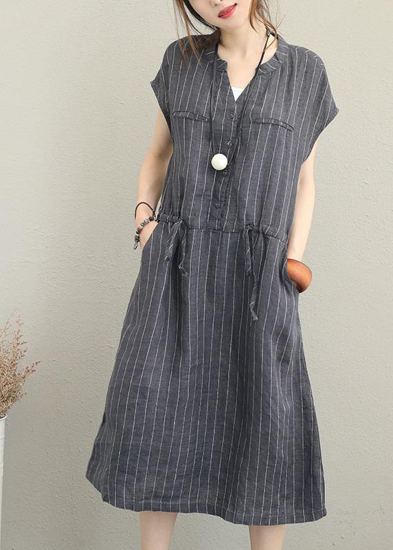 Bohemian gray striped linen clothes For Women v neck drawstring Maxi summer Dresses