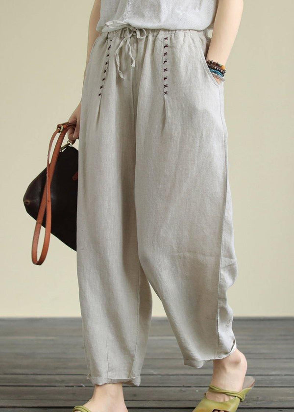 Literary Beige Large Size Elastic Waist Hemp Cropped Pants