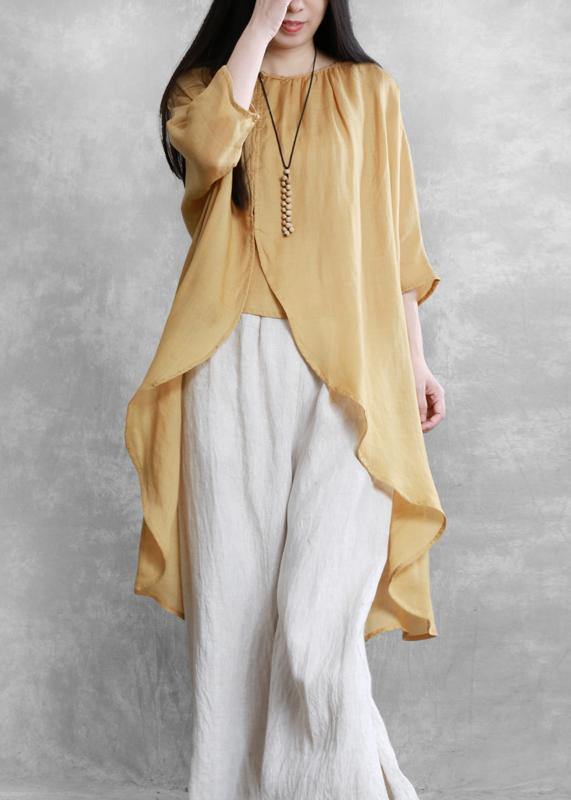 Women o neck asymmetric crane tops pattern yellow tops