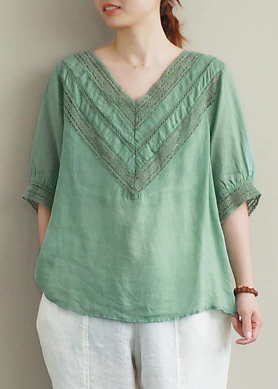 Elegant v neck half sleeve linen tunic top Photography green hollow out tops