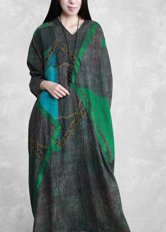 Elegant Green Print Tunic Pattern V Neck Patchwork Maxi Spring Dress