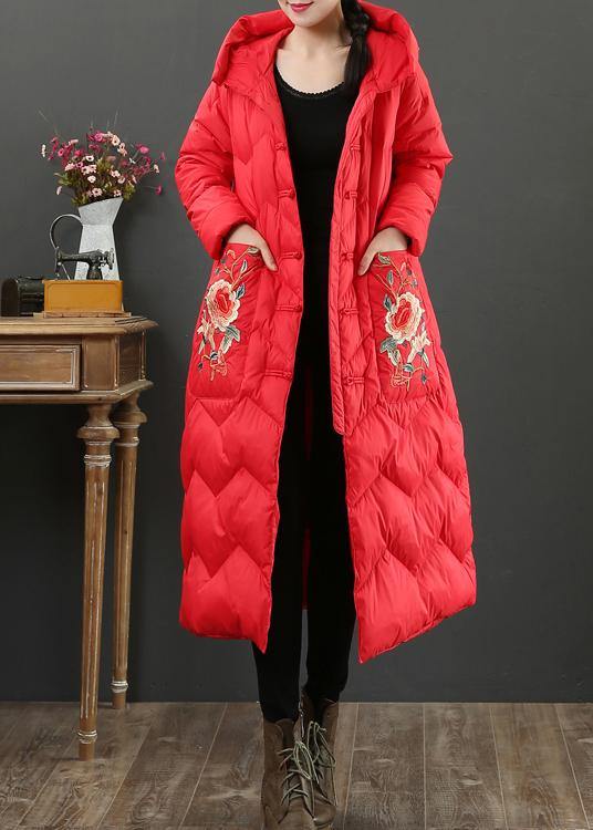 Luxury oversize down jacket coats red embroidery hooded warm winter coat