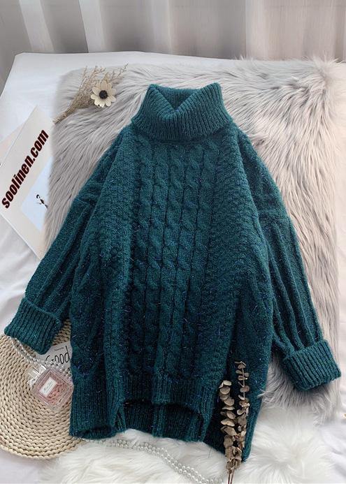 Oversized high neck  green knit tops plus size asymmetric hem crane tops