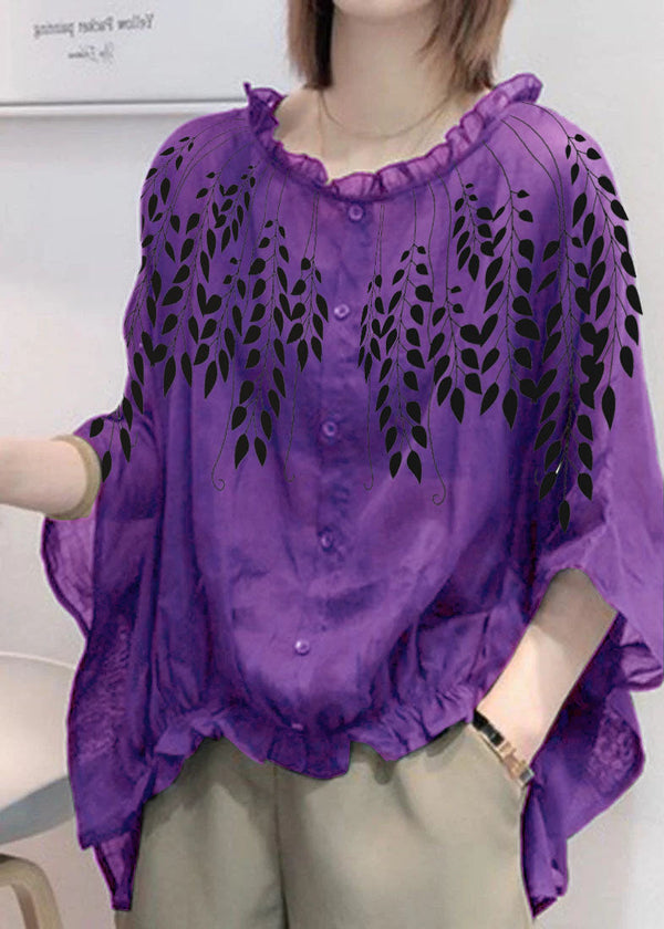 Art Purple leaves Tops Ruffles Trim Half Sleeve Shirts Blouse Plus Size