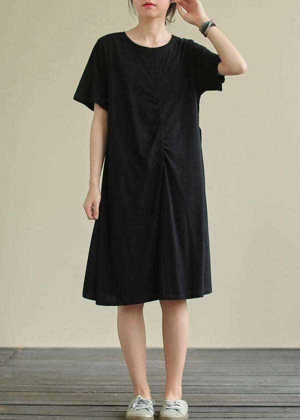 Women black Cotton clothes o neck Cinched oversized summer Dresses