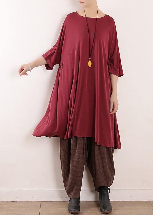 Loose burgundy Silk quilting dresses o neck Art summer Dress