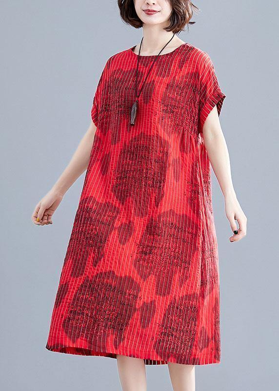 Beautiful red print cotton clothes striped o neck loose summer Dress