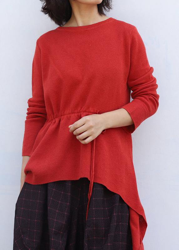 Pullover o neck red knit tops plus size drawstring asymmetric crane tops