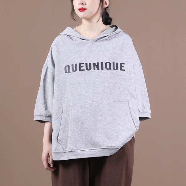 DIY hooded half sleeve shirts women Sewing light gray Letter tops