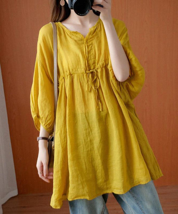 Elegant v neck drawstring blouses for women Sewing yellow top