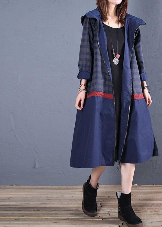 Luxury trendy plus size maxi coat fall blue hooded patchwork Coat