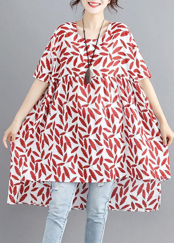 Women red print linen cotton o neck asymmetric summer Dress