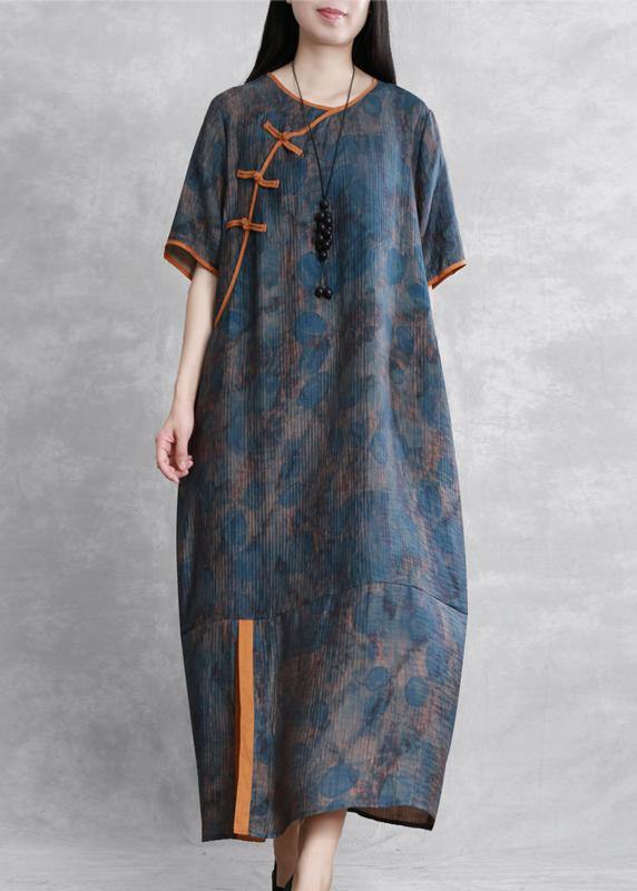 Art o neck Chinese Button Robes Neckline blue print Dress