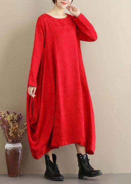 DIY Red Jacquard Tunics O Neck Asymmetric Maxi Spring Dresses