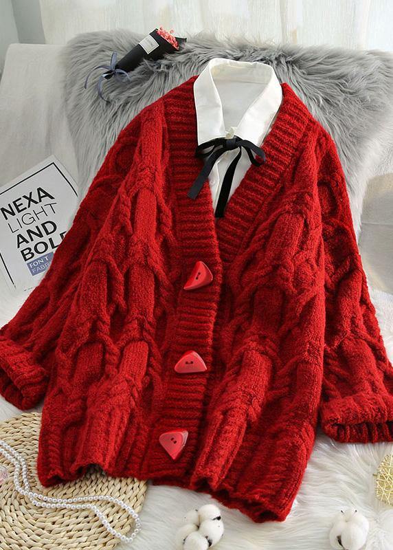 Vintage red knitted outwear casual spring v neck Button knit outwear